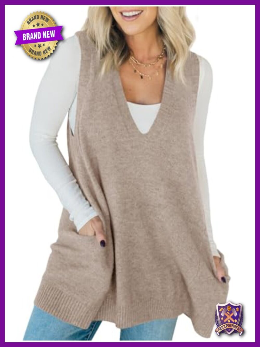 Sleeveless sweater vest v neck long tunic dress